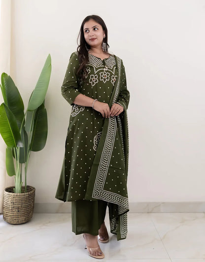Mehendi Muse Bandhej Mirror Work Cotton Suit