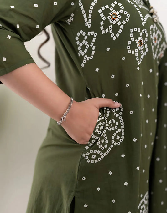 Mehendi Muse Bandhej Mirror Work Cotton Suit