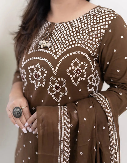 Mocha Mehfil Bandhej Mirror Work Cotton Suit