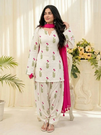 Gulbahar White Floral Cotton Farshi Salwar Suit Set