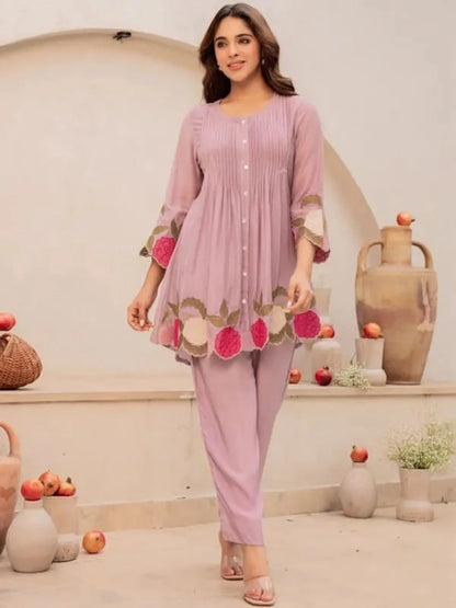 Purple Blossom Embroidered Kurta Set