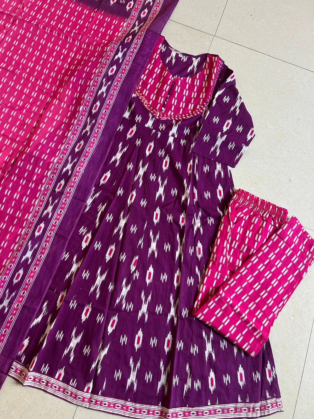 Pink And Purple Cotton Kurta Set With Dupatta For Women