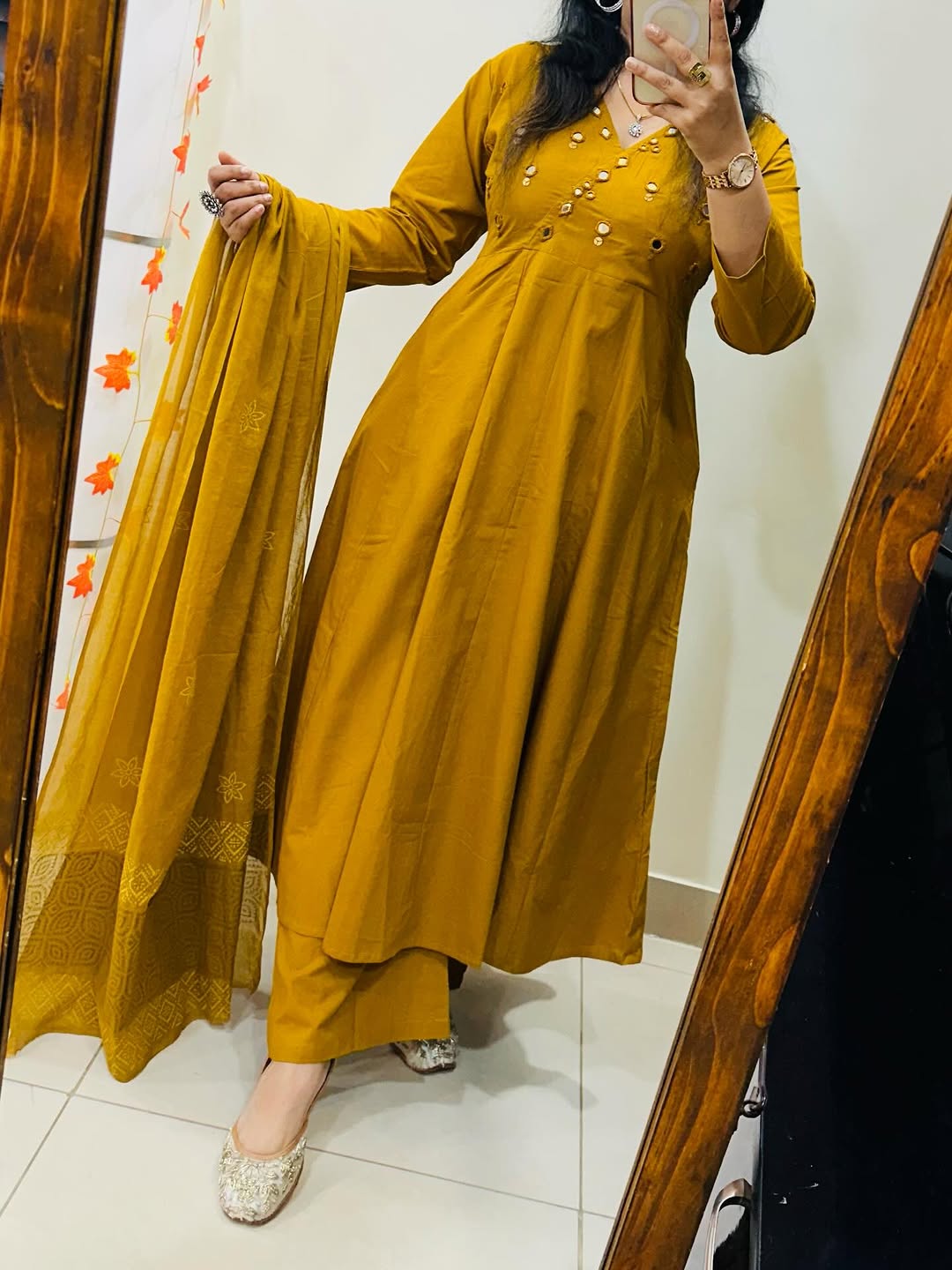 Premium Mustard Yellow Anarkali Kurti Pant Dupatta Set