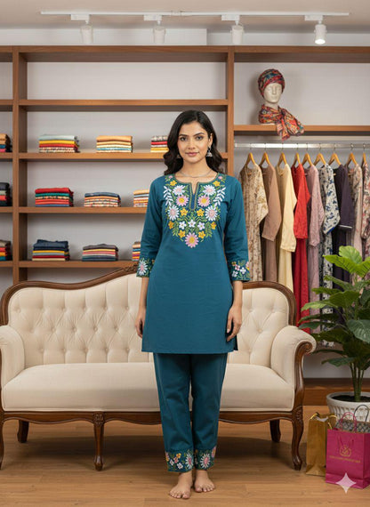 Teal Blue Blossom Embroidered Co-ord Set