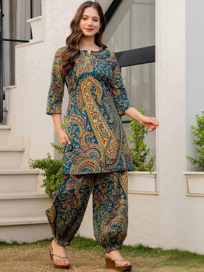 Teal Paisley Printed Cotton Co-Ord Set