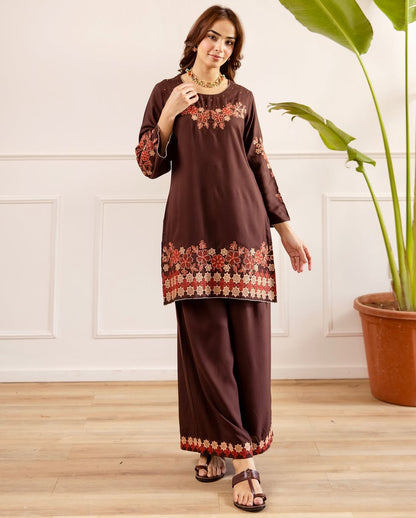 Chocolate Brown Floral Embroidered Kurta Palazzo Set