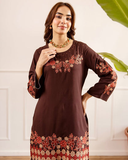 Chocolate Brown Floral Embroidered Kurta Palazzo Set