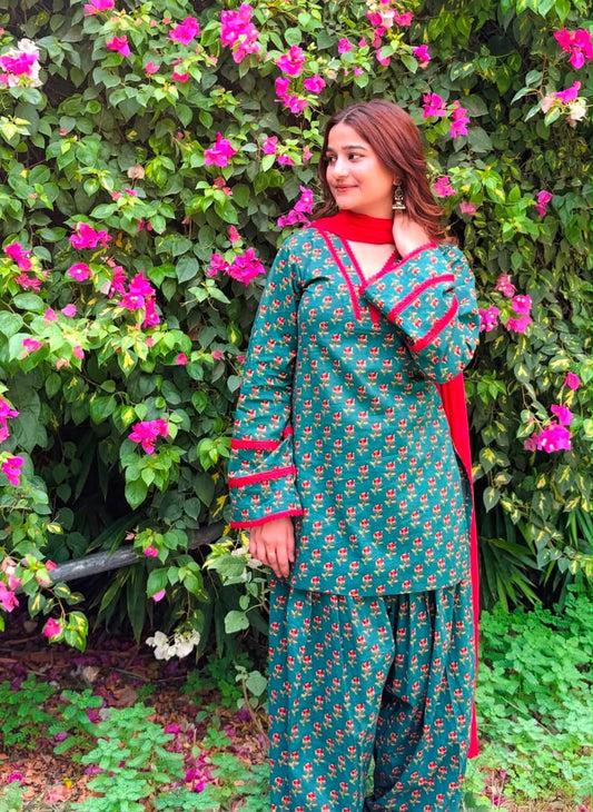 Meher Teal Floral Printed Kurta & Farshi Salwar Set