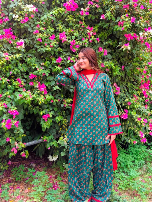 Meher Teal Floral Printed Kurta & Farshi Salwar Set