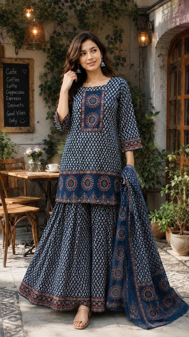 Elegant Printed Kurta Palazzo Set with Dupatta