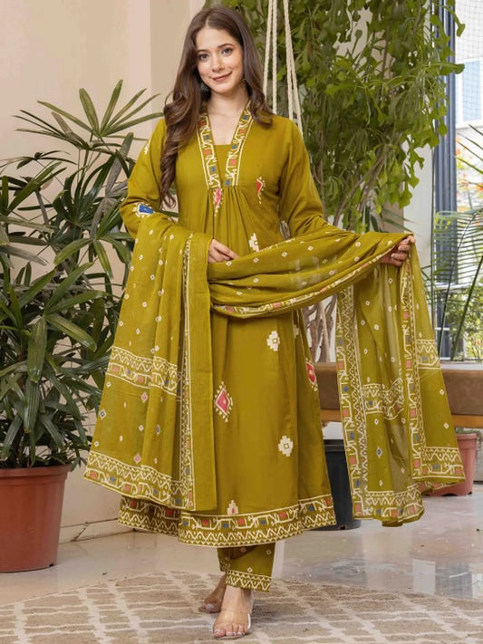 Olive Green Printed Anarkali Kurta Set with Dupatta