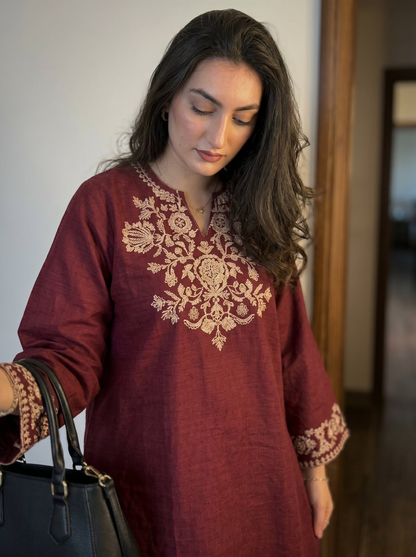 Embroidery Red Cotton Kurta Set with Palazzo Pants