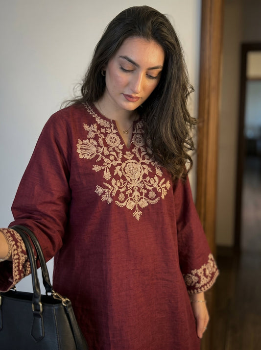Embroidery Red Cotton Kurta Set with Palazzo Pants